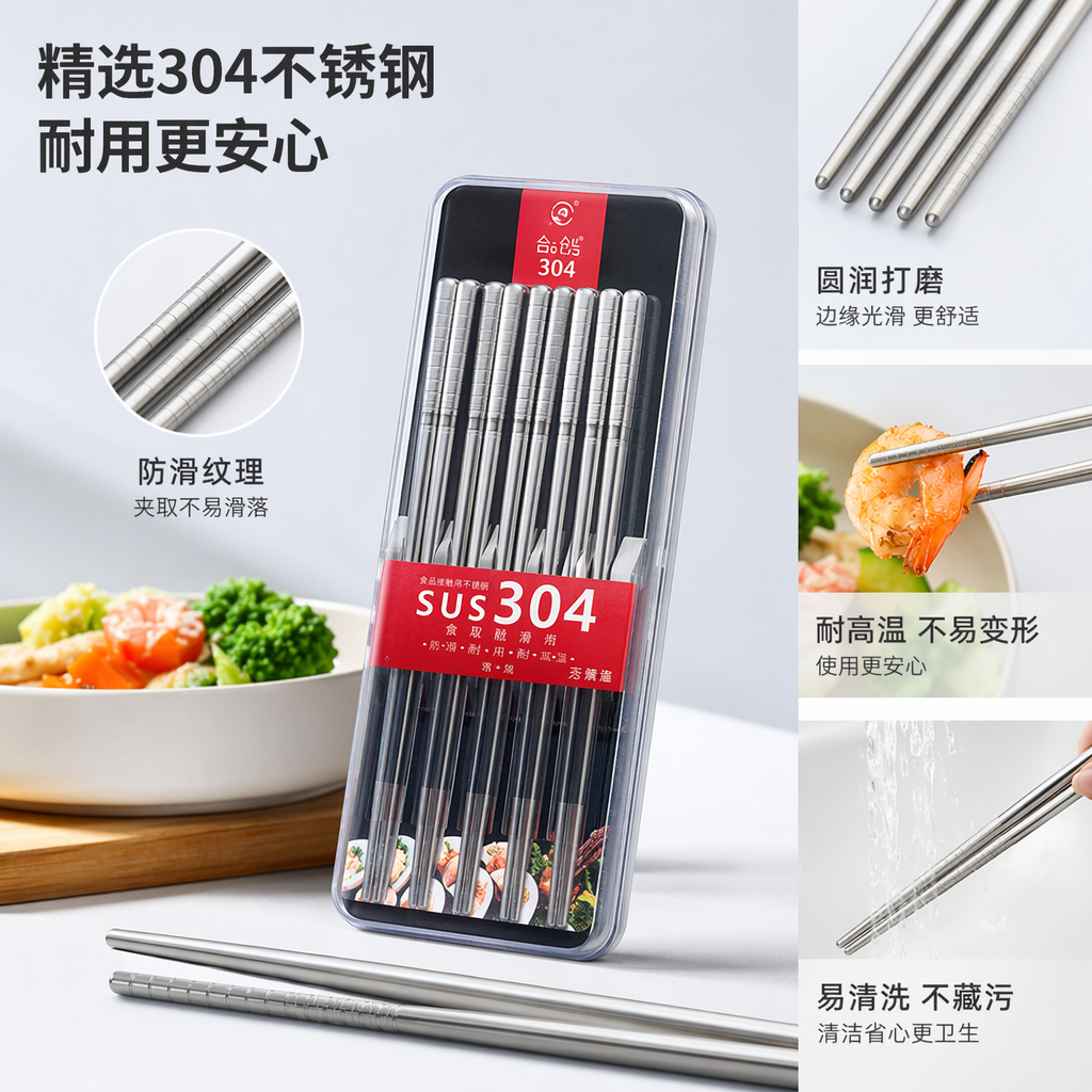 三盒装不锈钢筷子家用防滑耐用环保餐具