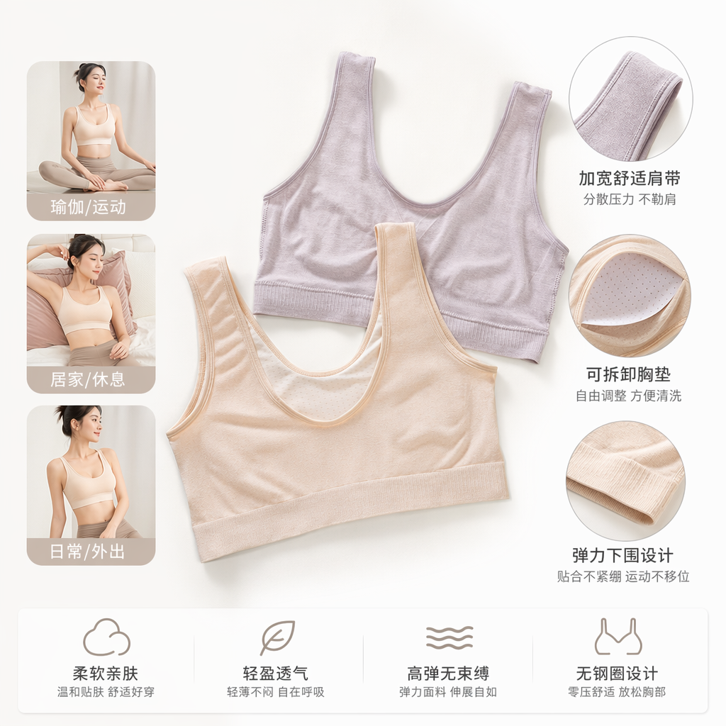 浅粉色米色U型美背无钢圈文胸 零束缚设计展现背部曲线图