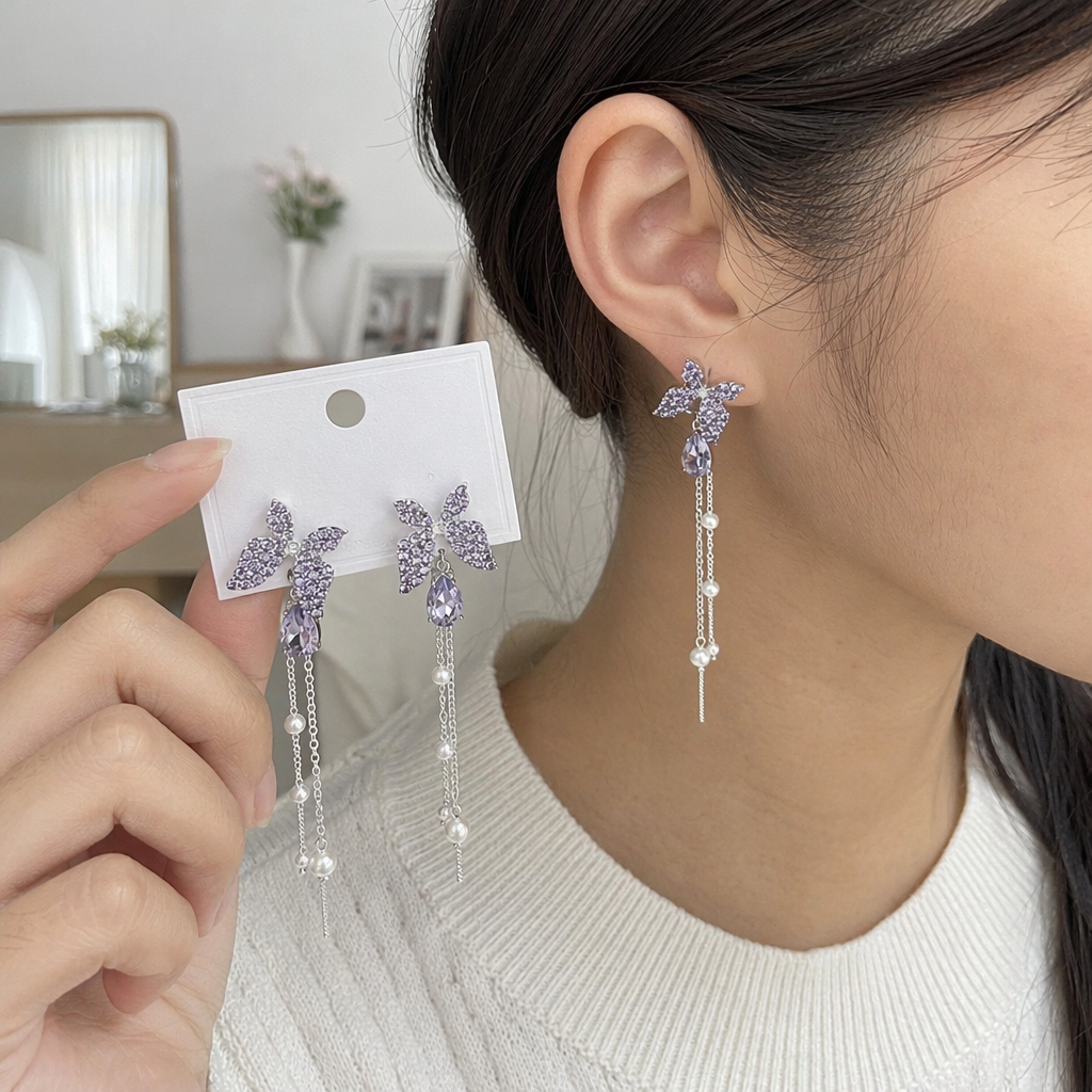 Colorful butterfly tassel earrings, fashionable and light luxury women's earrings, vintage accessories, earrings, stud earrings, silver needles details Picture