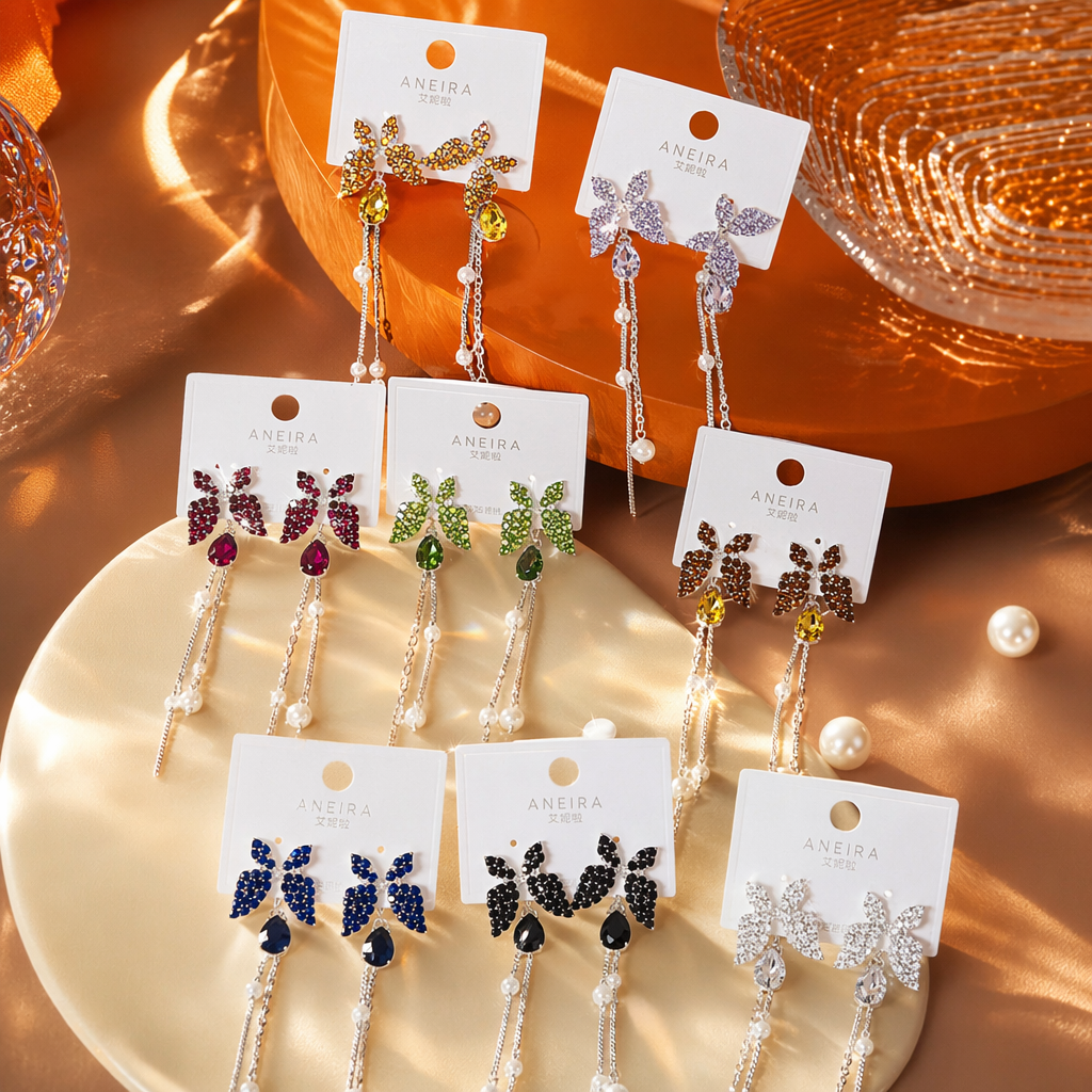 Colorful butterfly tassel earrings, fashionable and light luxury women's earrings, vintage accessories, earrings, stud earrings, silver needles Specification image