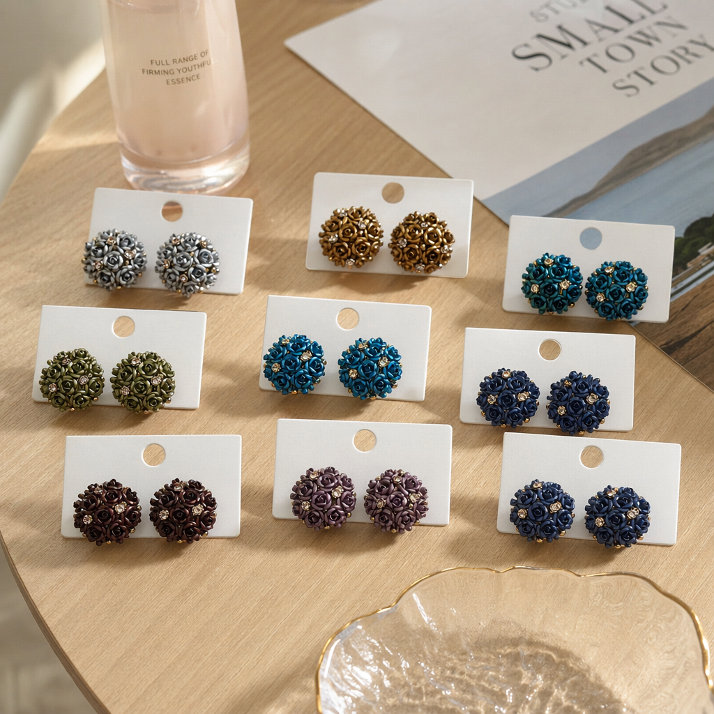 Colorful rose-shaped ear studs, fashionable and simple design, light luxury alloy material, vintage jewelry earrings, earrings, ear studs, silver needles details Picture