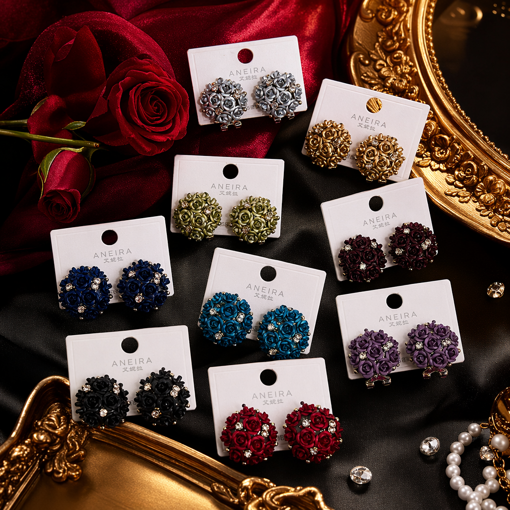 Colorful rose-shaped ear studs, fashionable and simple design, light luxury alloy material, vintage jewelry earrings, earrings, ear studs, silver needles Specification image