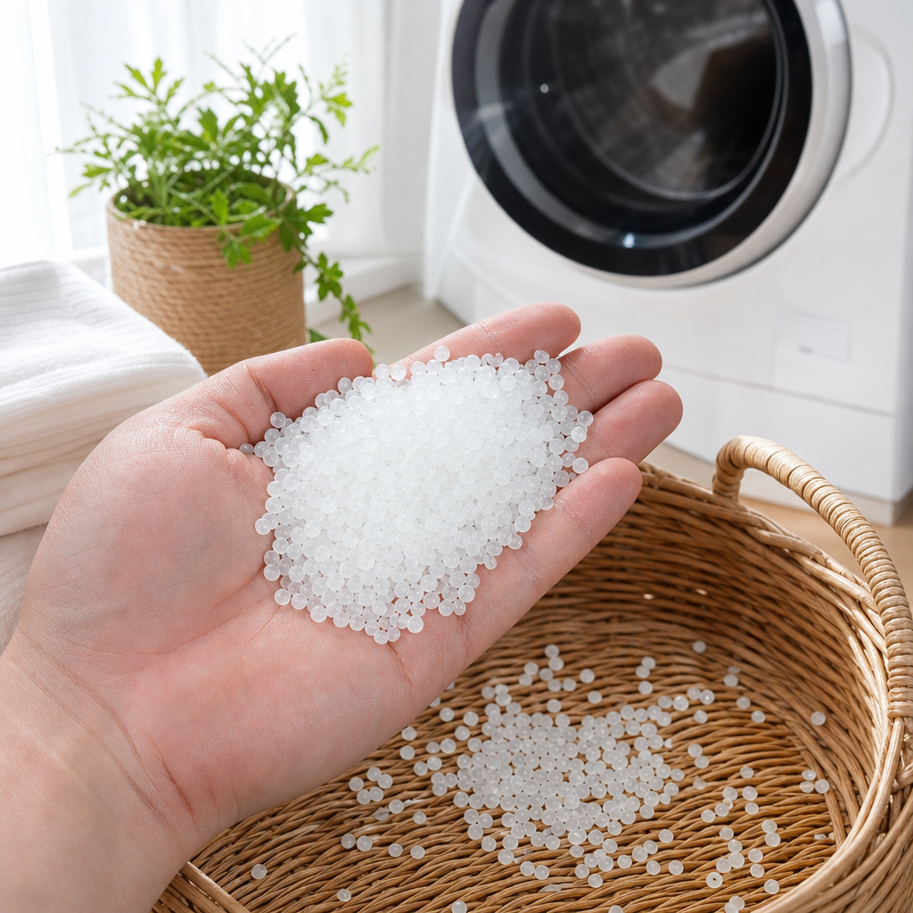 The white granular plastic particles are held in the hand, transparent and semi-transparent white plastic particles details Picture