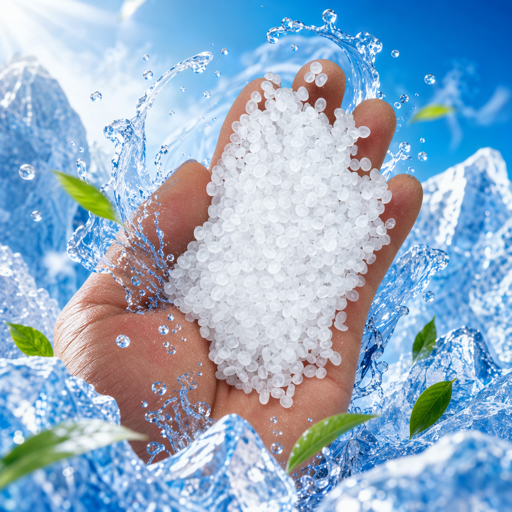 The white granular plastic particles are held in the hand, transparent and semi-transparent white plastic particles Specification image