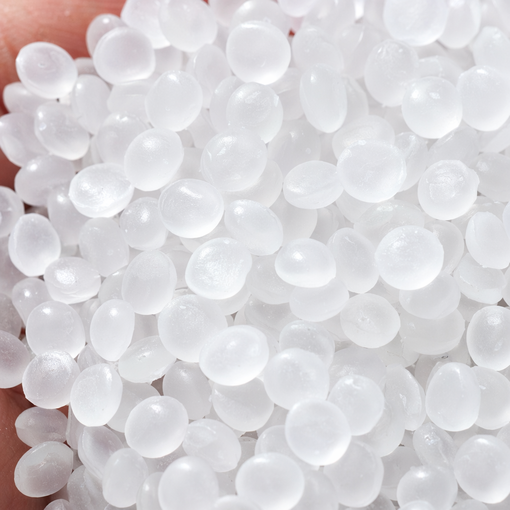 The white granular plastic particles are held in the hand, transparent and semi-transparent white plastic particles Application Scenario