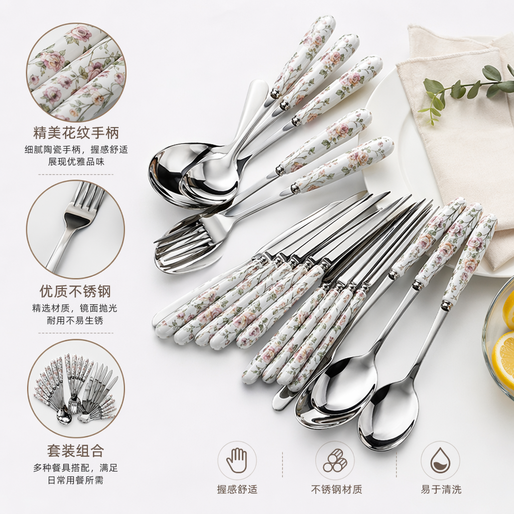 花纹餐具套装 家用不锈钢餐盘碗筷组合简约北欧风