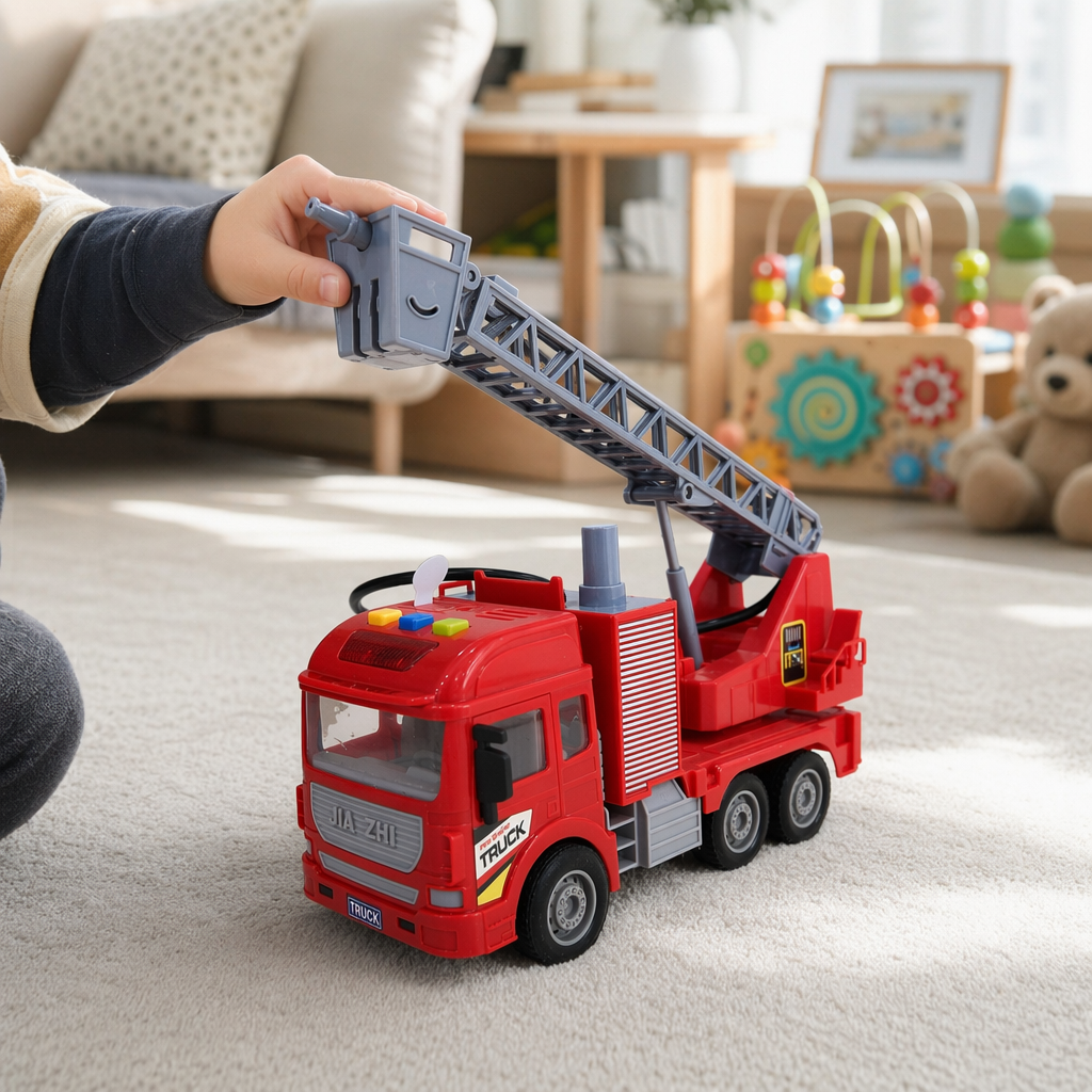 Red fire engine children's educational toy simulation sound cord light details Picture