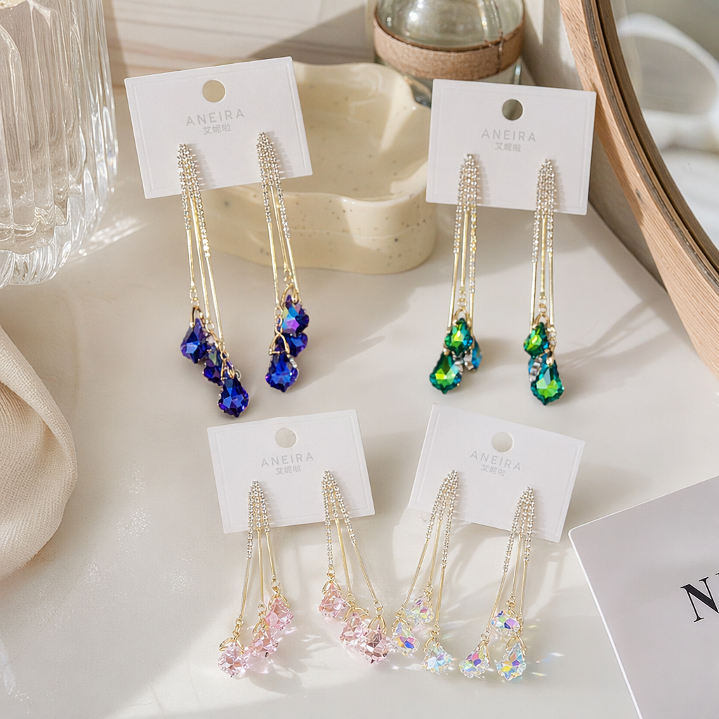 Colorful crystal tassel earrings, fashionable and light luxury women's earrings, vintage accessories details Picture