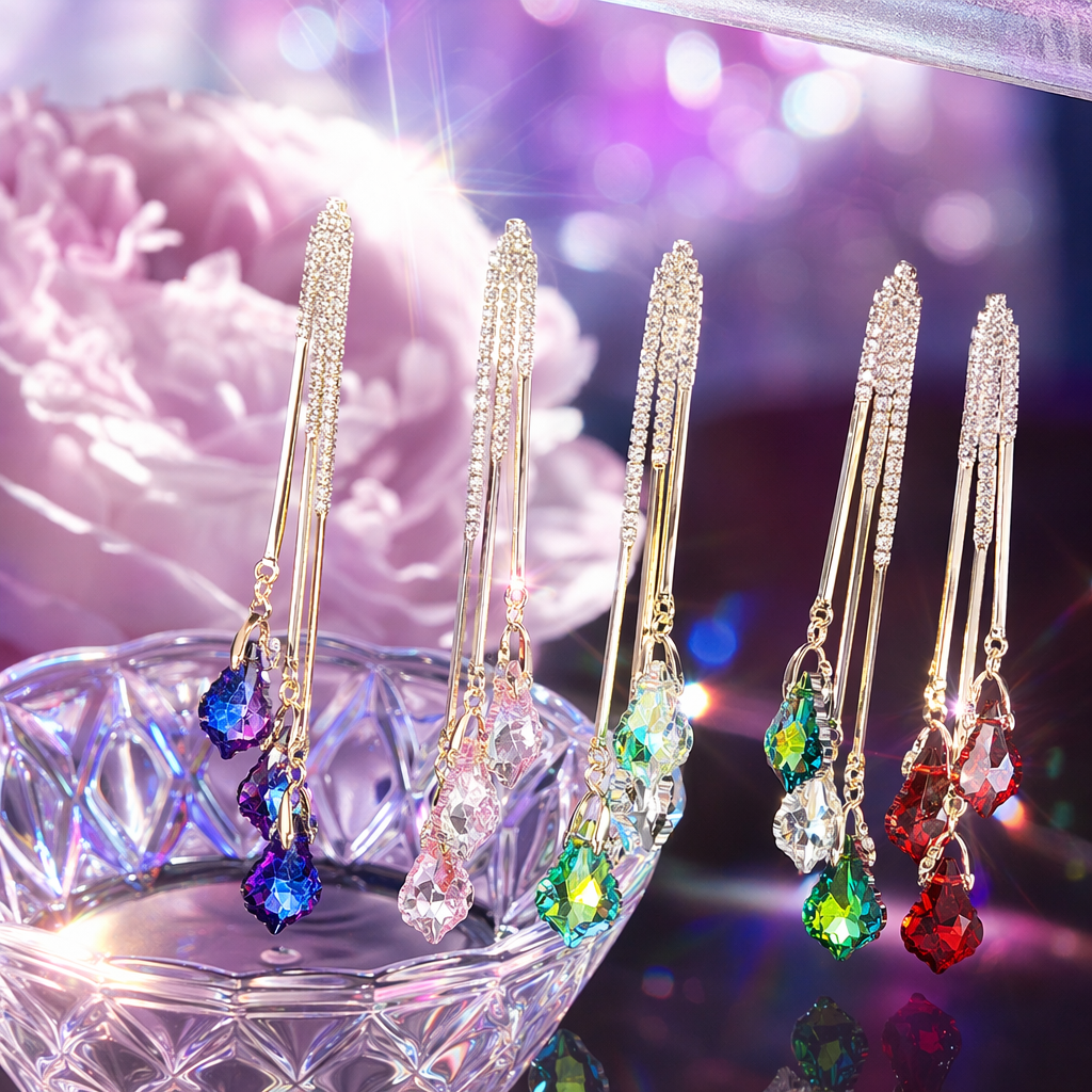 Colorful crystal tassel earrings, fashionable and light luxury women's earrings, vintage accessories Specification image