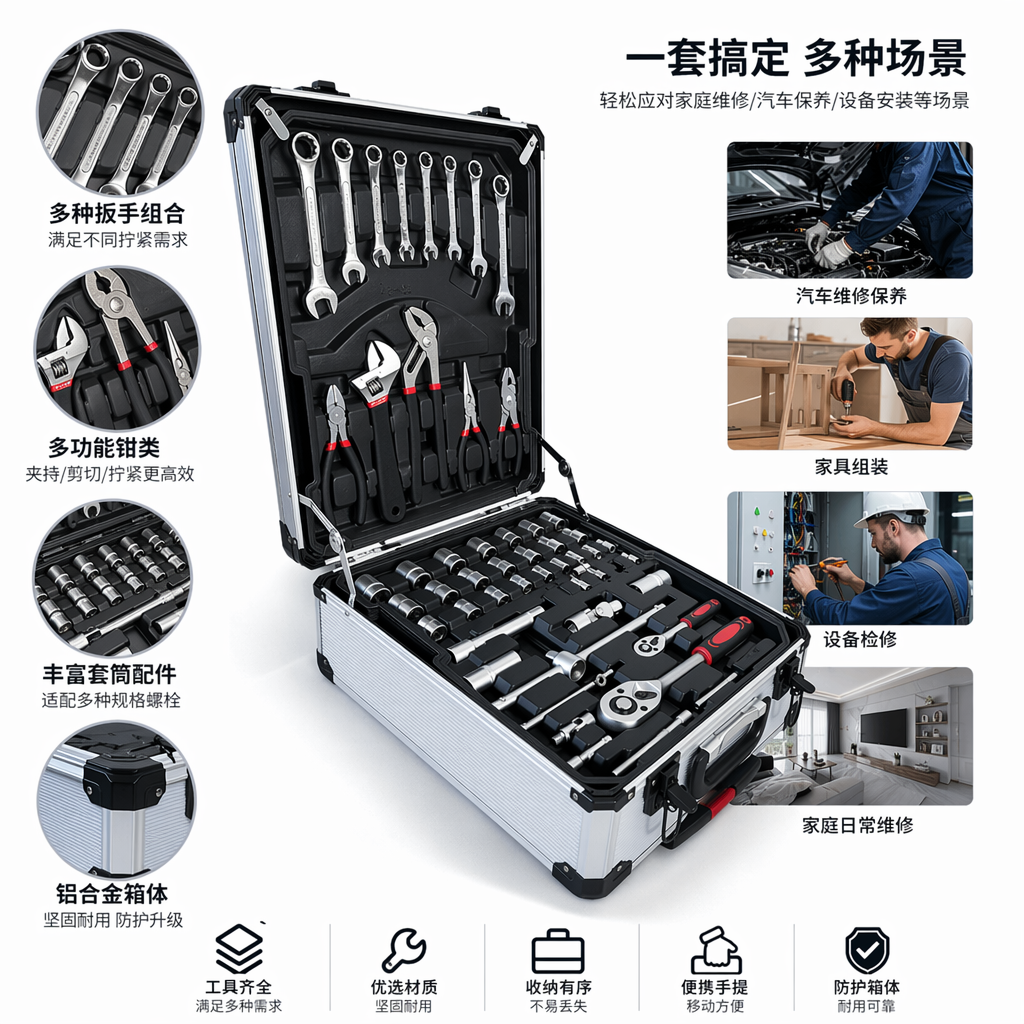 银色工具箱套装含扳手钳子套筒棘轮扳手多功能维修工具187pc