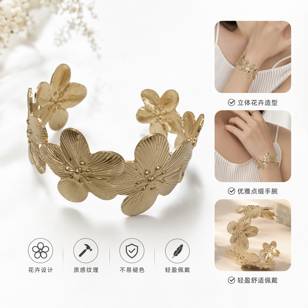 The golden flower-shaped bracelet is a fashionable and light luxury wrist accessory for ladies