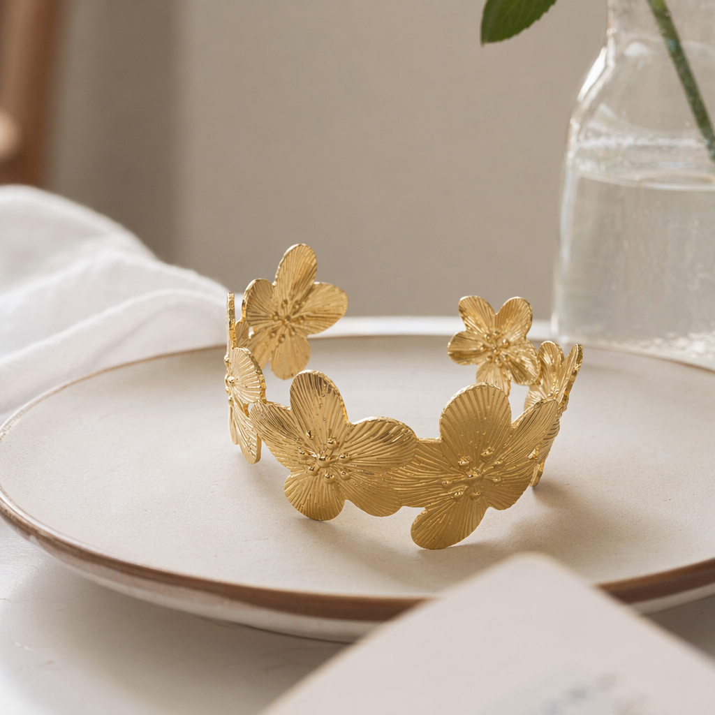 The golden flower-shaped bracelet is a fashionable and light luxury wrist accessory for ladies details Picture