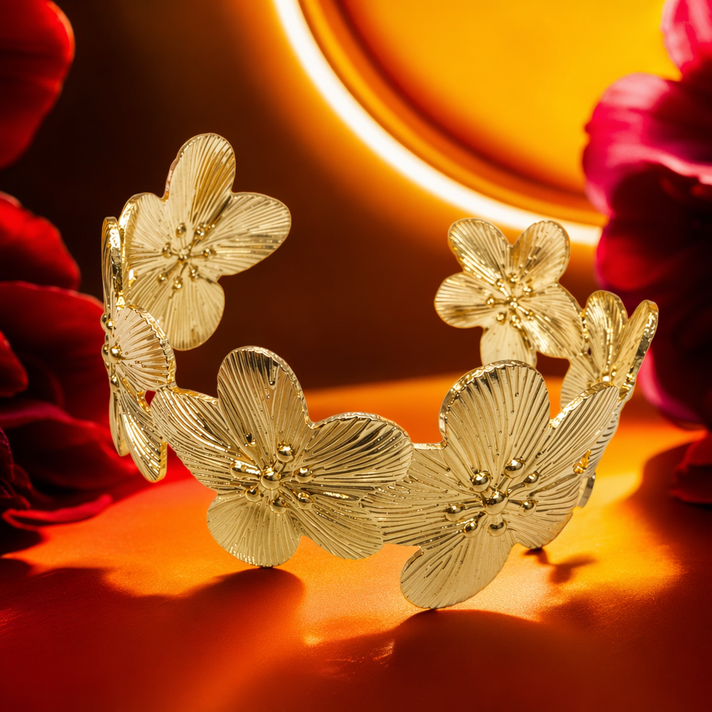 The golden flower-shaped bracelet is a fashionable and light luxury wrist accessory for ladies Specification image