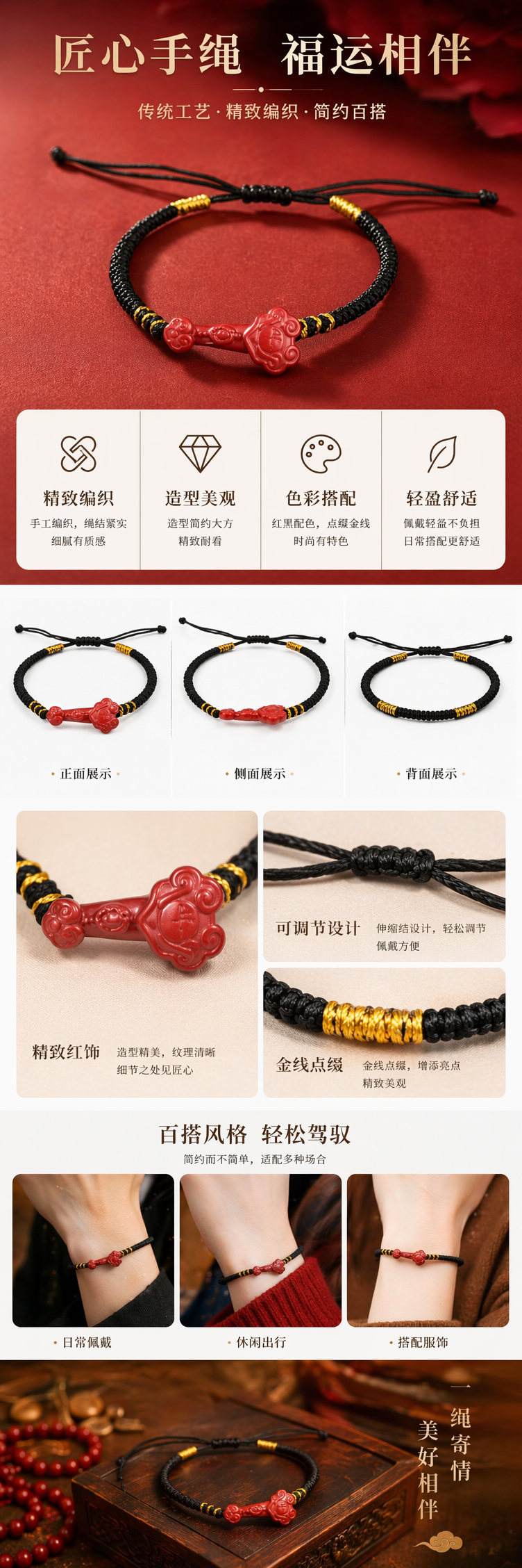 黑色绳编手链配红色祥云如意吊坠男女通用时尚饰品详情1