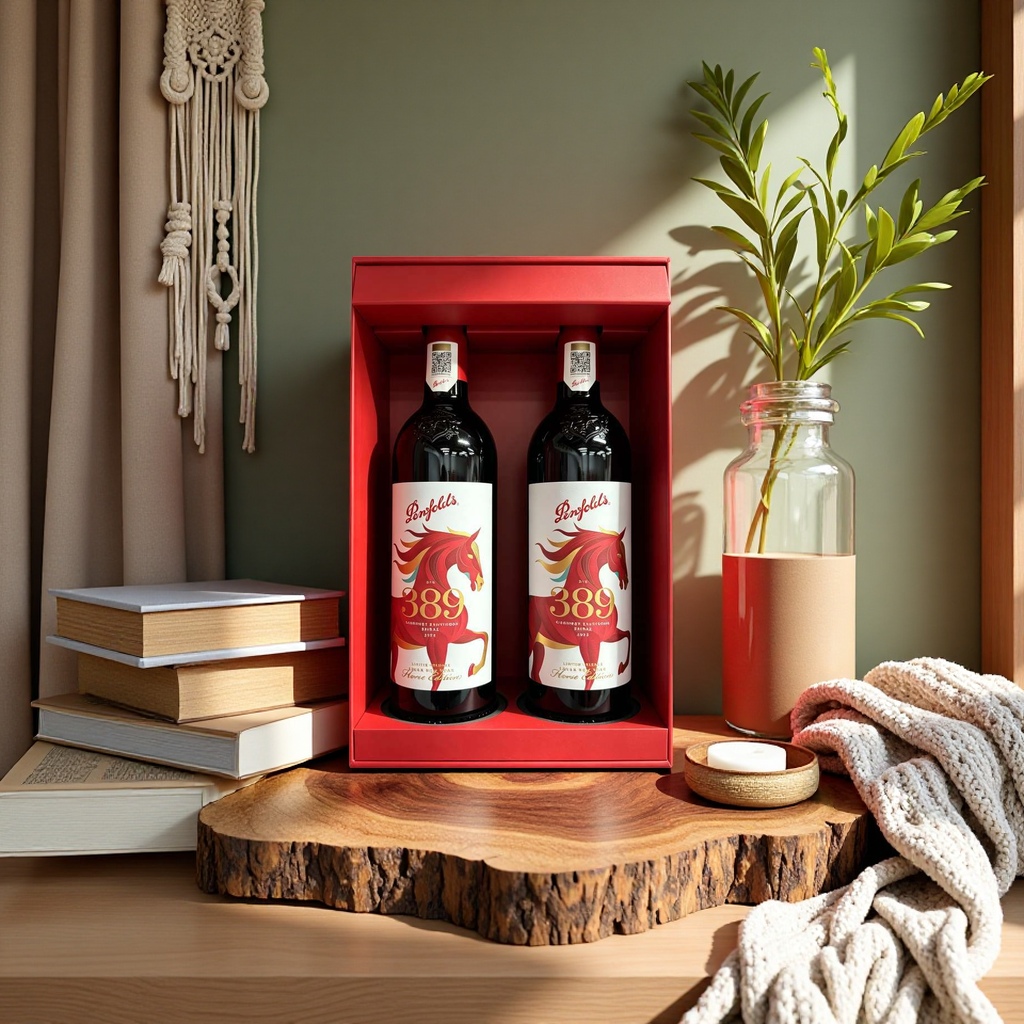 Penfolds Bin389 red wine in two bottles, red gift box, red horse pattern, white label