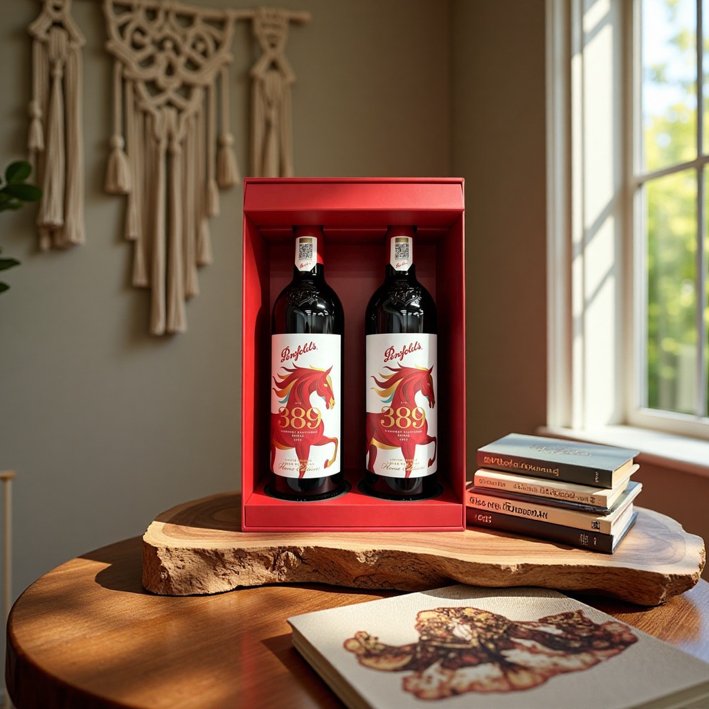 Penfolds Bin389 red wine in two bottles, red gift box, red horse pattern, white label details Picture