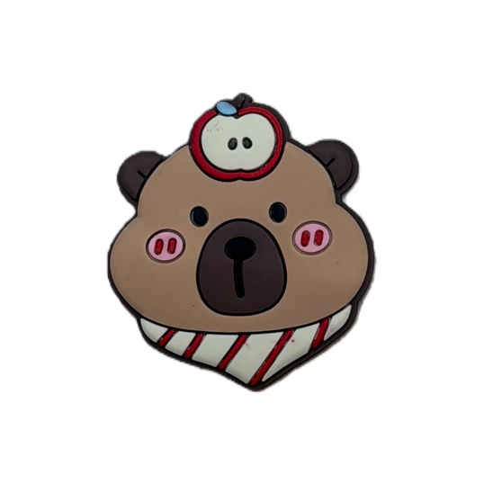 A cute plush keychain with a brown cartoon bear head pendant, an apple neck on top and a red and white striped scarf Item Picture