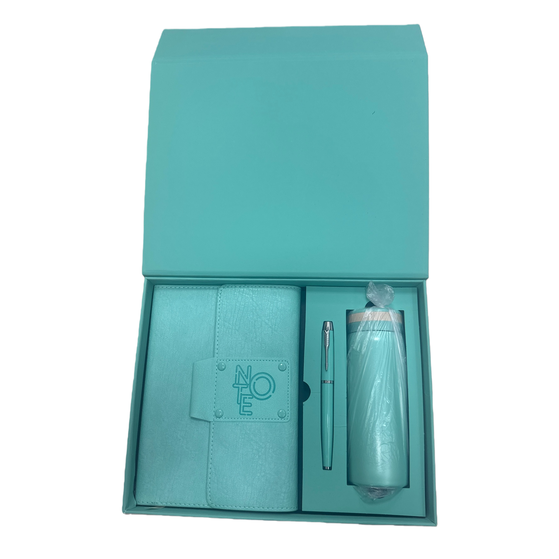 A light green gift box set of notebook, pen and thermos cup, three pieces Item Picture