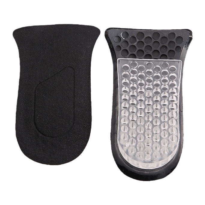 The black insoles with transparent silicone massage bases provide comfortable and anti-slip arch support Item Picture