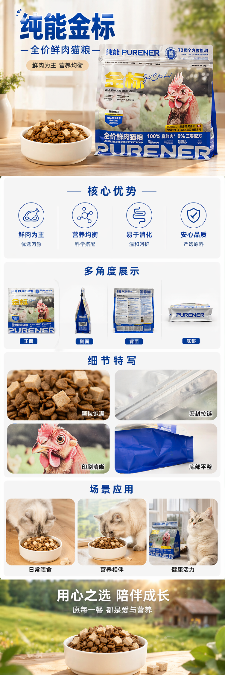 纯能PURENER金标系列鲜鸡肉配方猫粮包装袋 100%真鲜肉 0%三零配方详情1