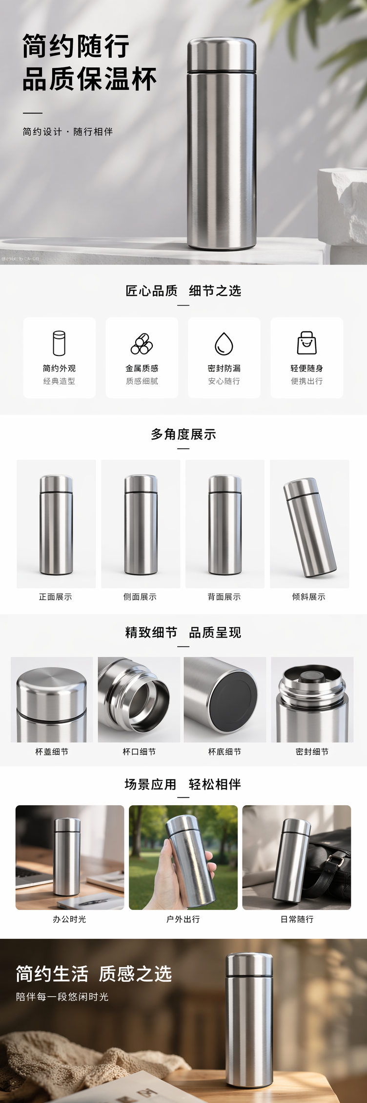 银色304不锈钢保温杯 500ml 真空隔热长效保冷保热详情1