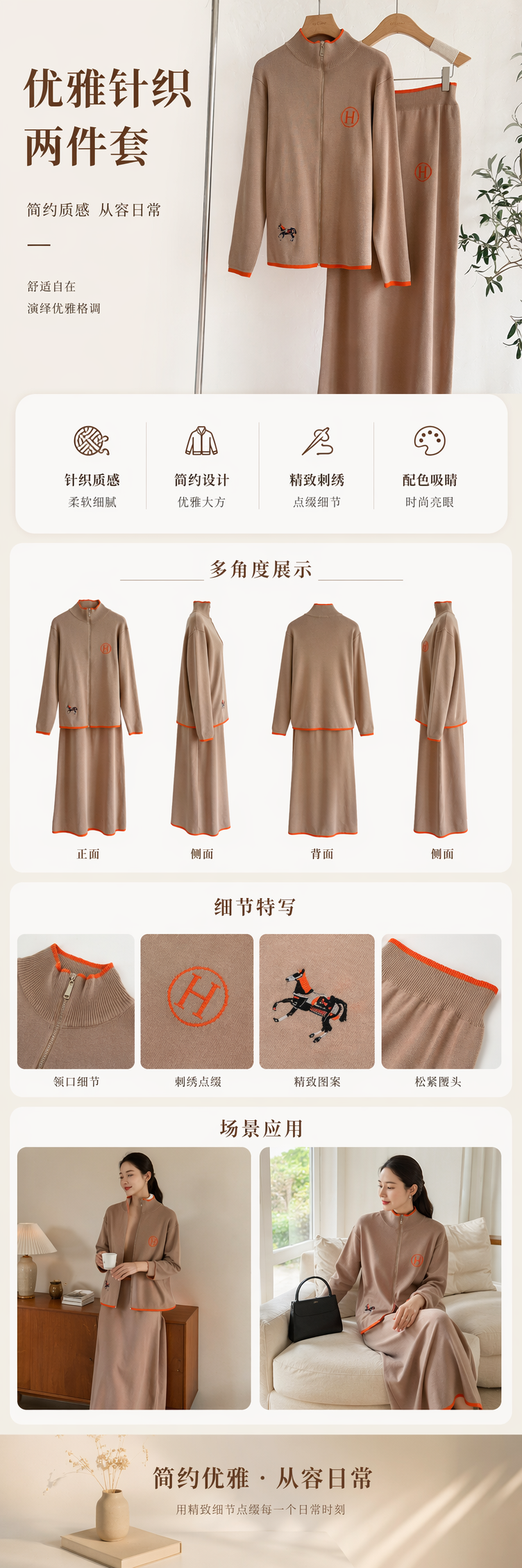 跨境欧美新品创意骏马刺绣撞色长袖毛织外套+休闲针织短裙两跨境172759421详情1