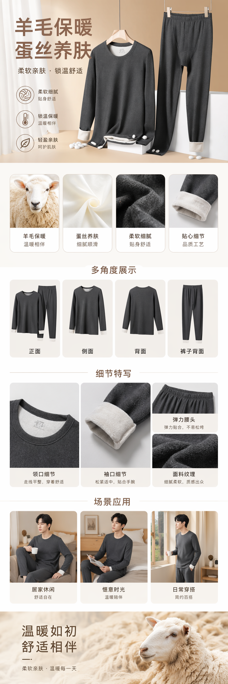 灰色羊毛保暖蚕丝养肤家居服套装男秋冬舒适亲肤详情1