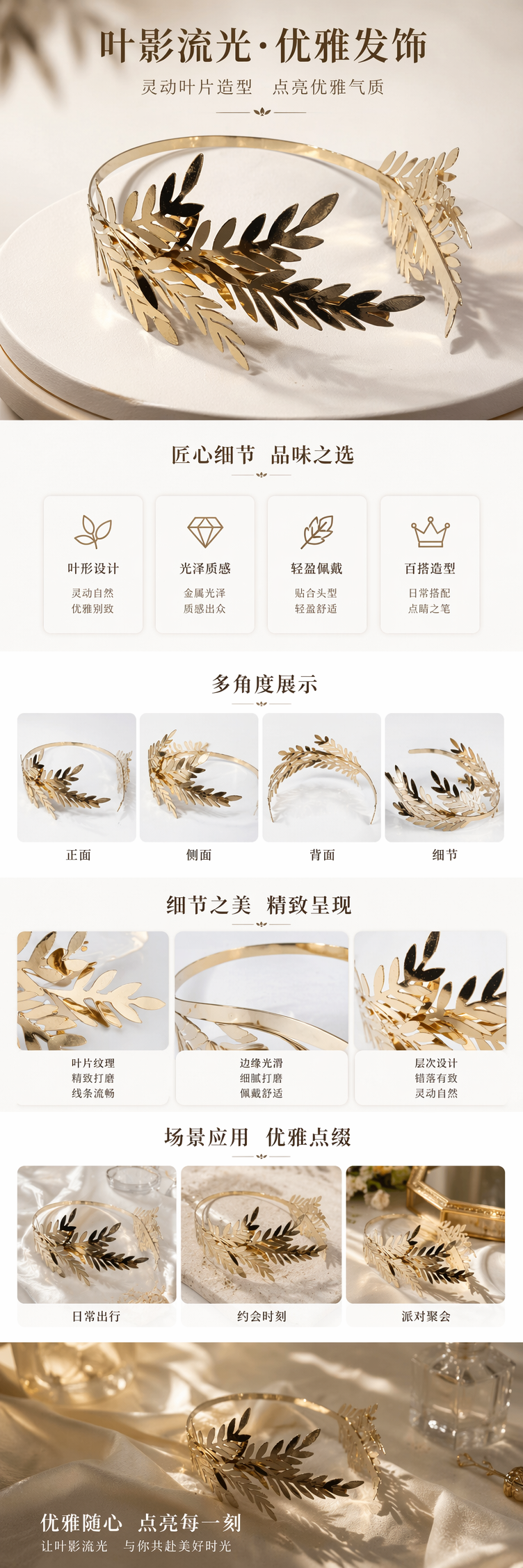 金色叶片头冠发饰 仿真叶脉轻盈复古婚礼派对装饰详情1