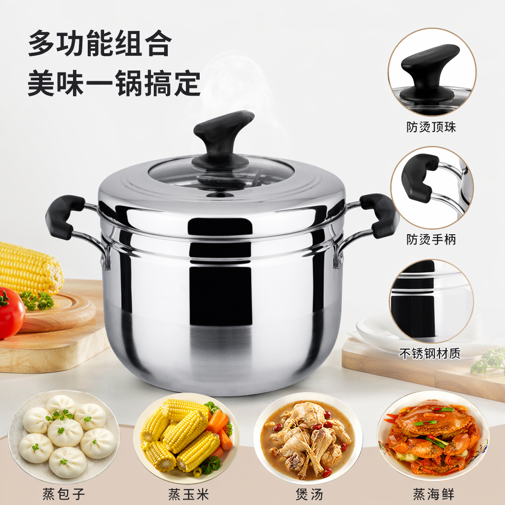 银色不锈钢锅具套装家用炒锅煎锅汤锅三件套图