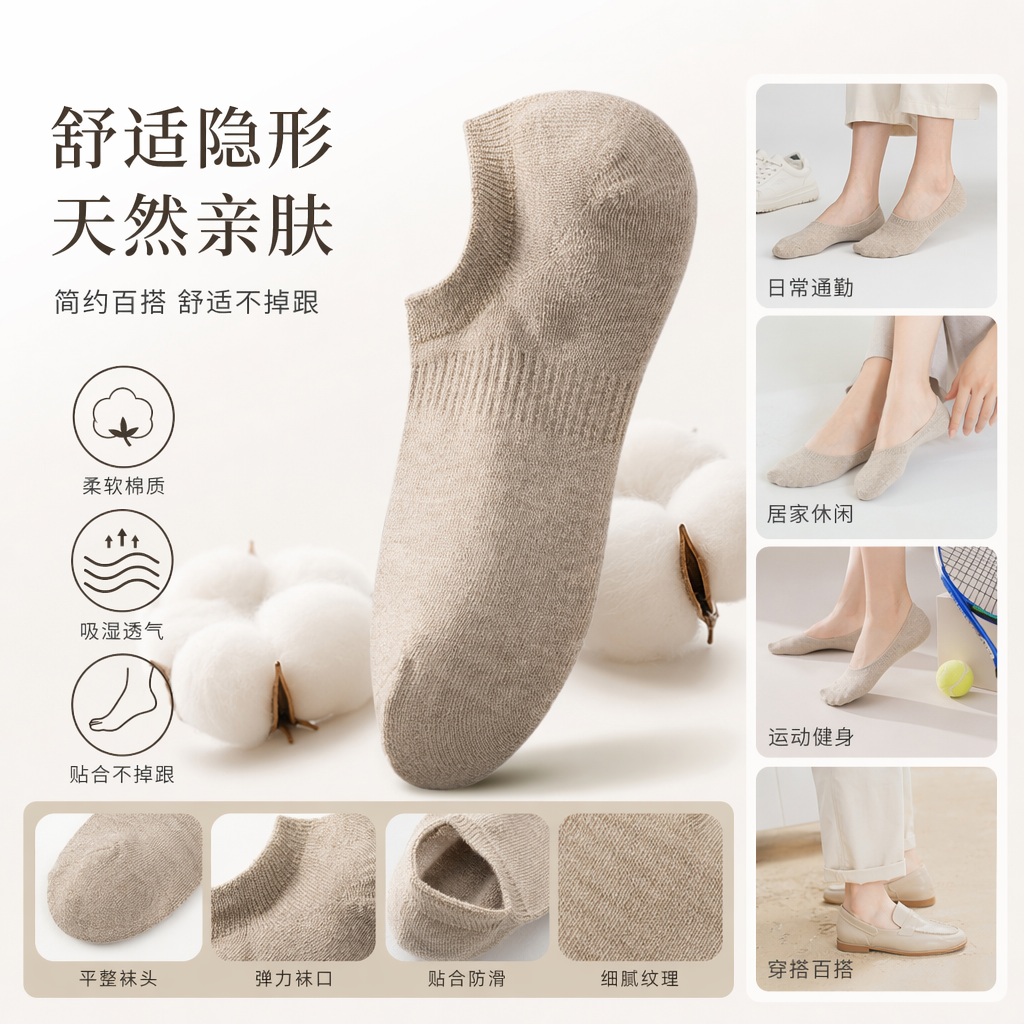 米色女浅口袜薄款吸汗速干运动休闲船袜