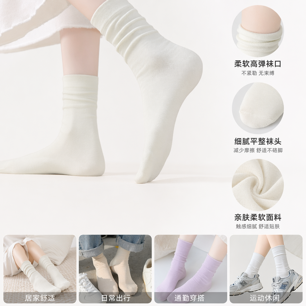 纯棉白色袜子 男女同款透气吸汗中筒袜
