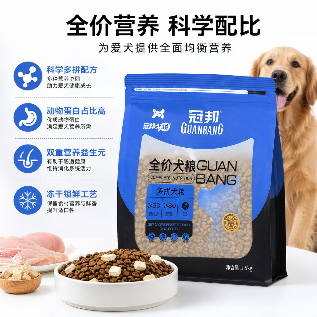 Blue packaged dog food, natural and grain-free, is specially designed for adult dogs with balanced nutrition