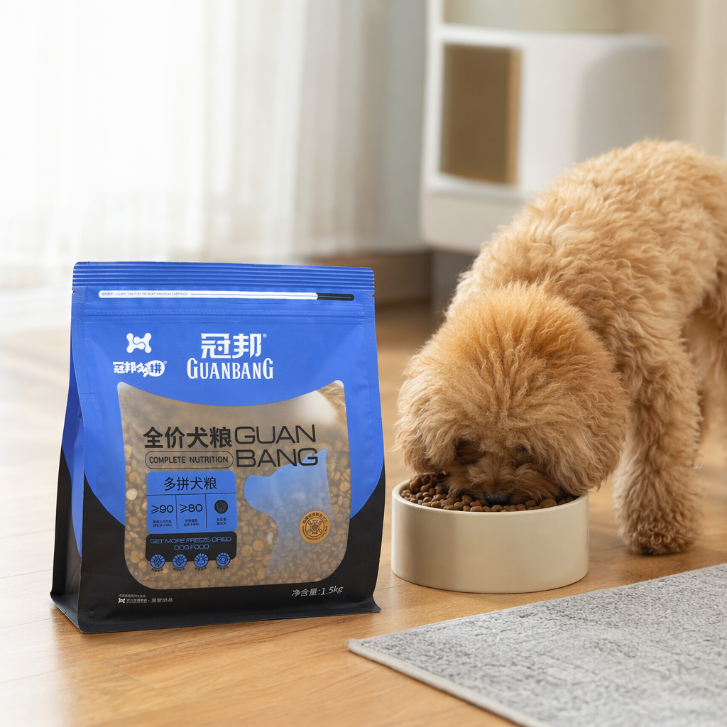 Blue packaged dog food, natural and grain-free, is specially designed for adult dogs with balanced nutrition details Picture