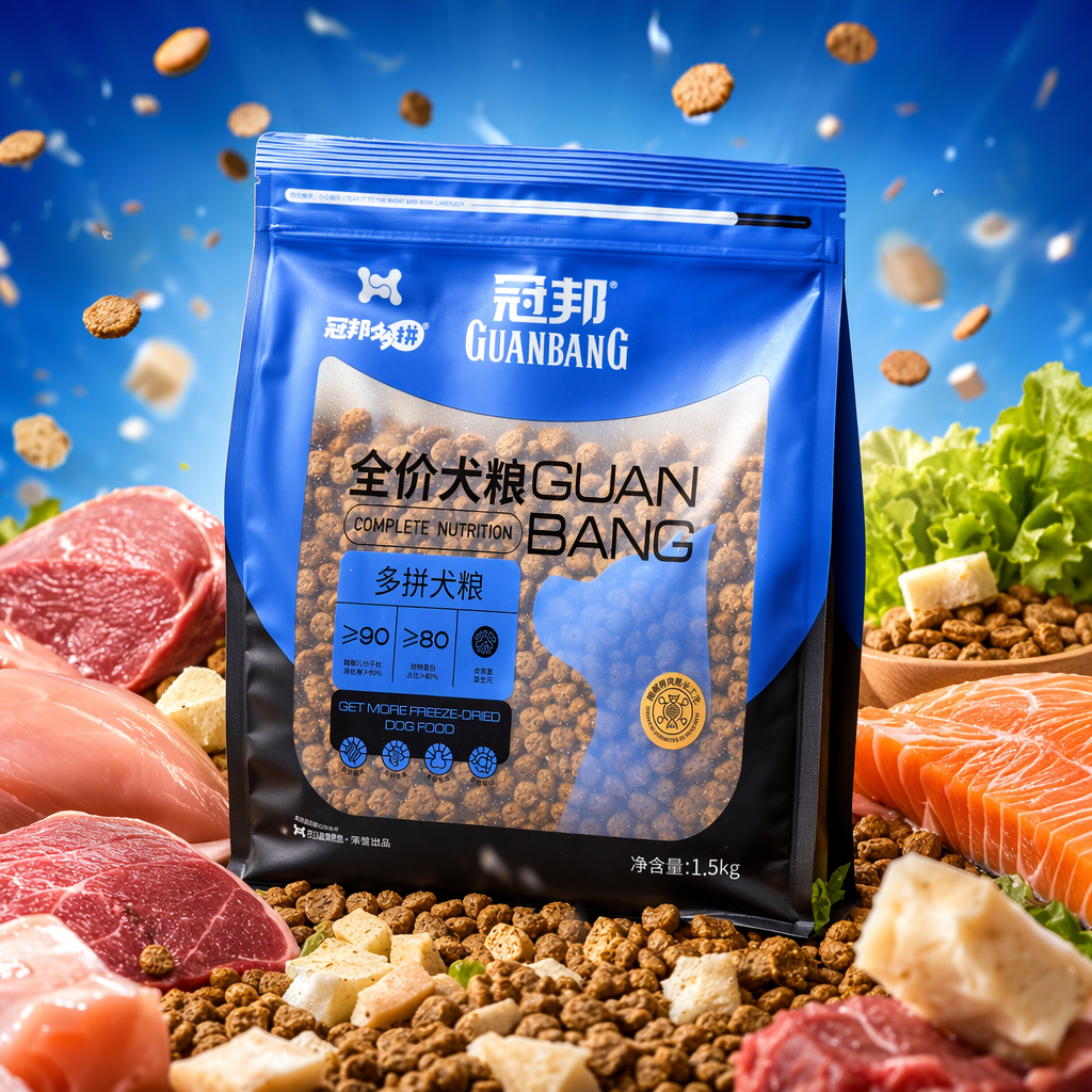 Blue packaged dog food, natural and grain-free, is specially designed for adult dogs with balanced nutrition Specification image