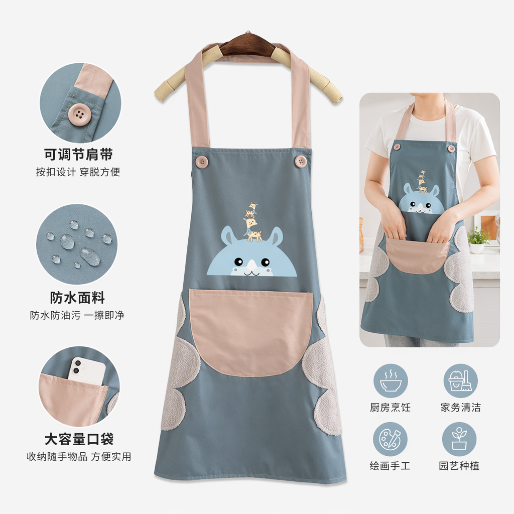 蓝色围裙蓝灰底米色肩带口袋卡通独角兽图案毛绒贴片