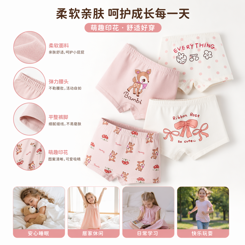 粉色米白儿童内裤四色小鹿蝴蝶结蘑菇图案
