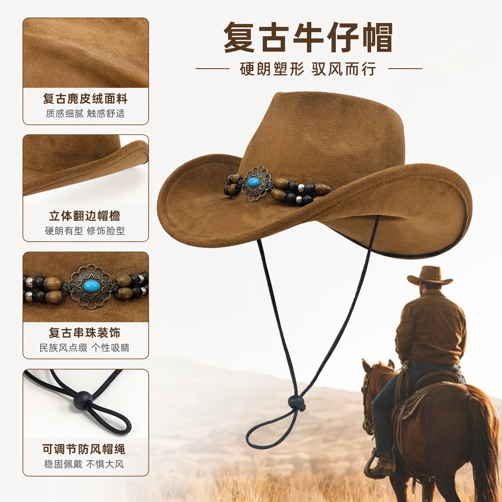 棕色绒面牛仔帽 蓝松石金属花扣串珠装饰 黑色抽绳