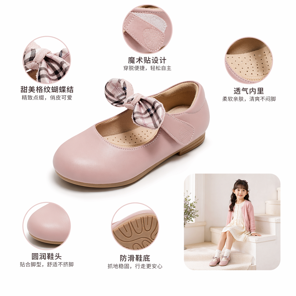 粉色蝴蝶结玛丽珍鞋 女款复古圆头低跟单鞋