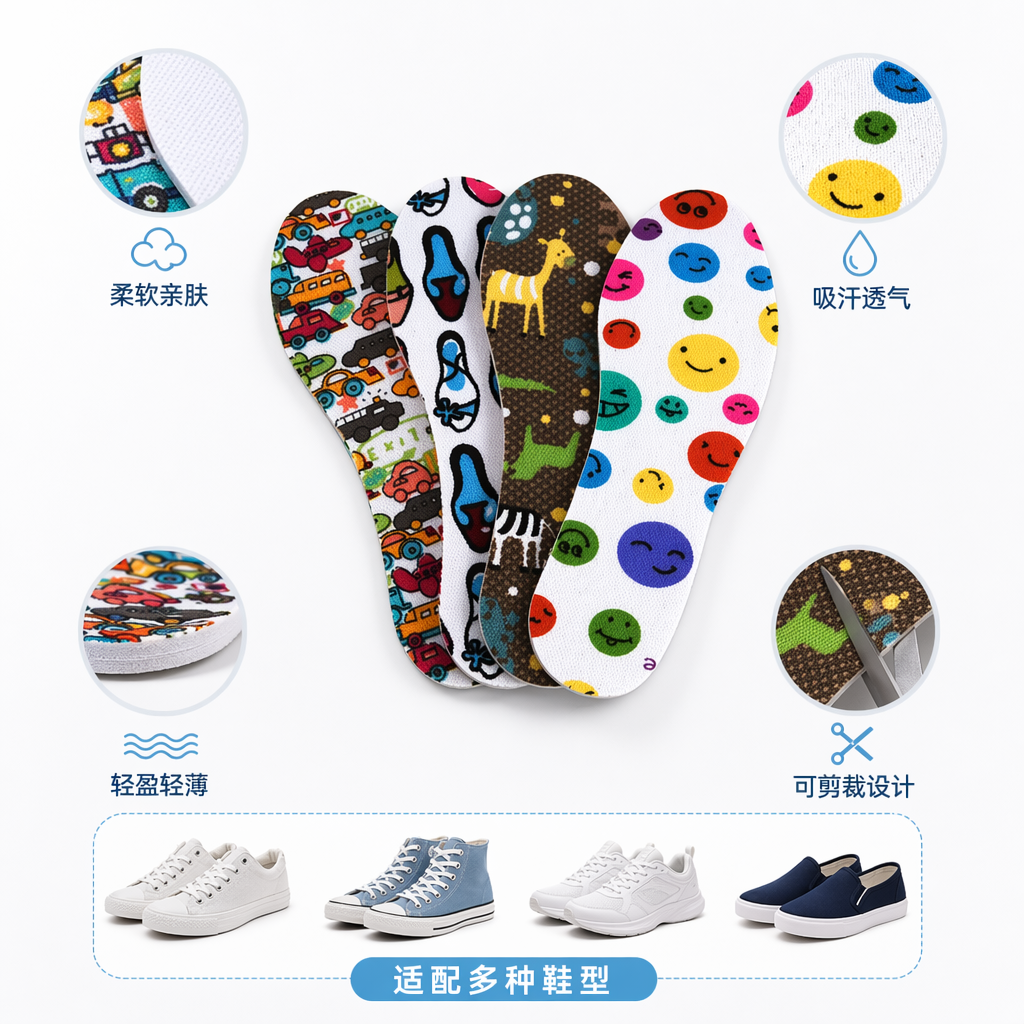Colorful patterned fabric children's insoles are soft, sweat-absorbent, anti-slip, breathable, height-increasing and comfortable