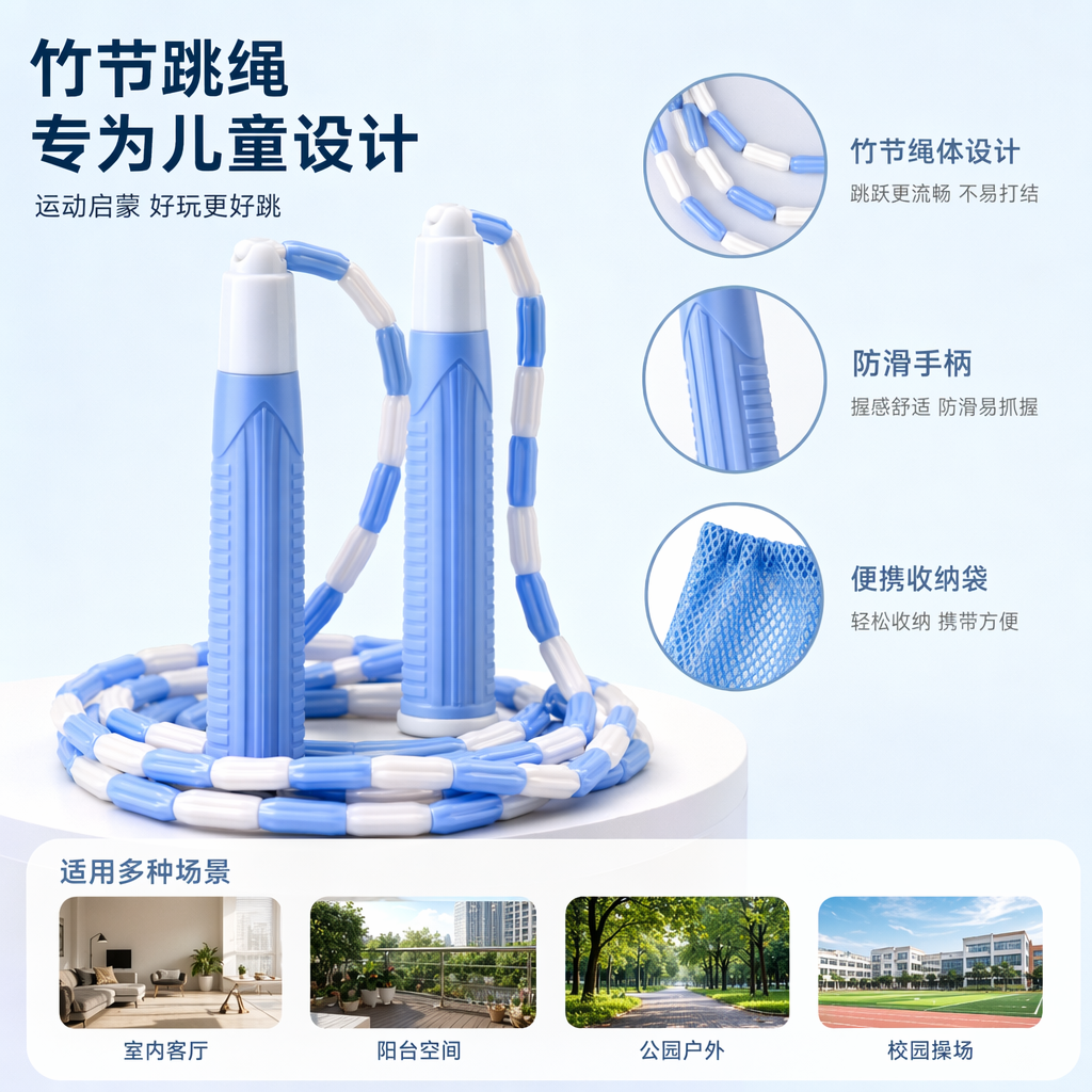 Blue and white bamboo joint skipping rope, professional fitness, cordless handle, anti-slip and wear-resistant