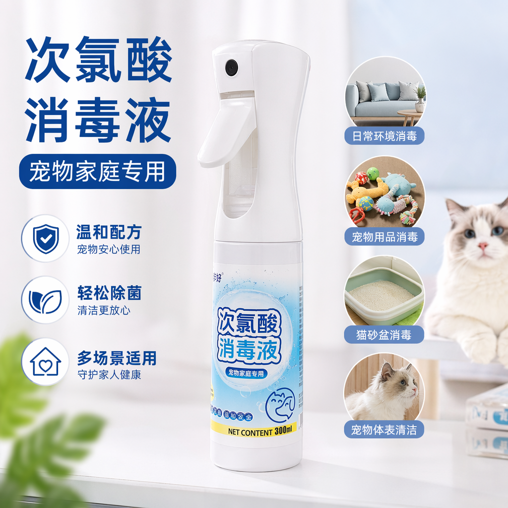 白色喷雾瓶装次氯酸消毒液 有效杀菌家居衣物通用