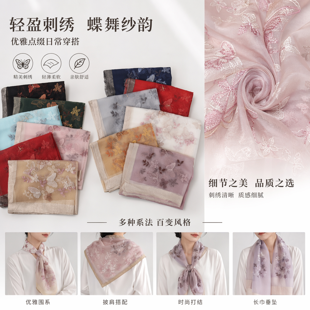 多彩蝴蝶刺绣真丝方巾女士春夏围巾轻薄透气