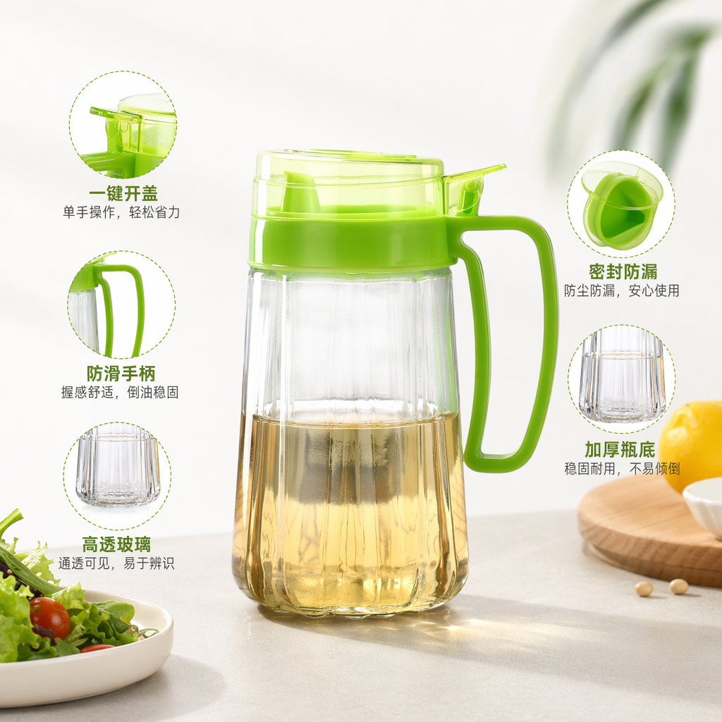 绿色手柄玻璃油壶家用厨房食用油瓶防漏设计