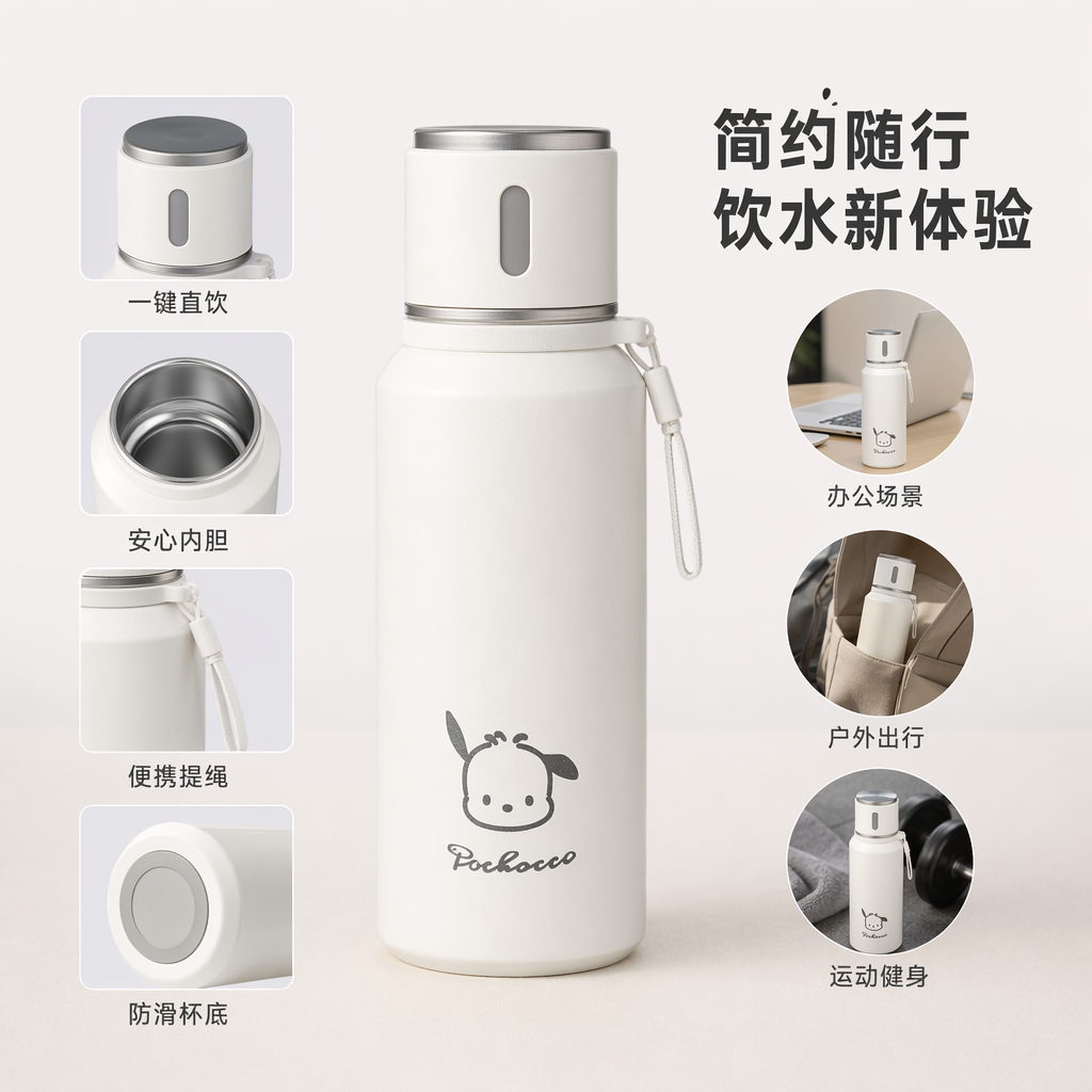 白色保温杯杯身印有Pochacco卡通牛头图案
