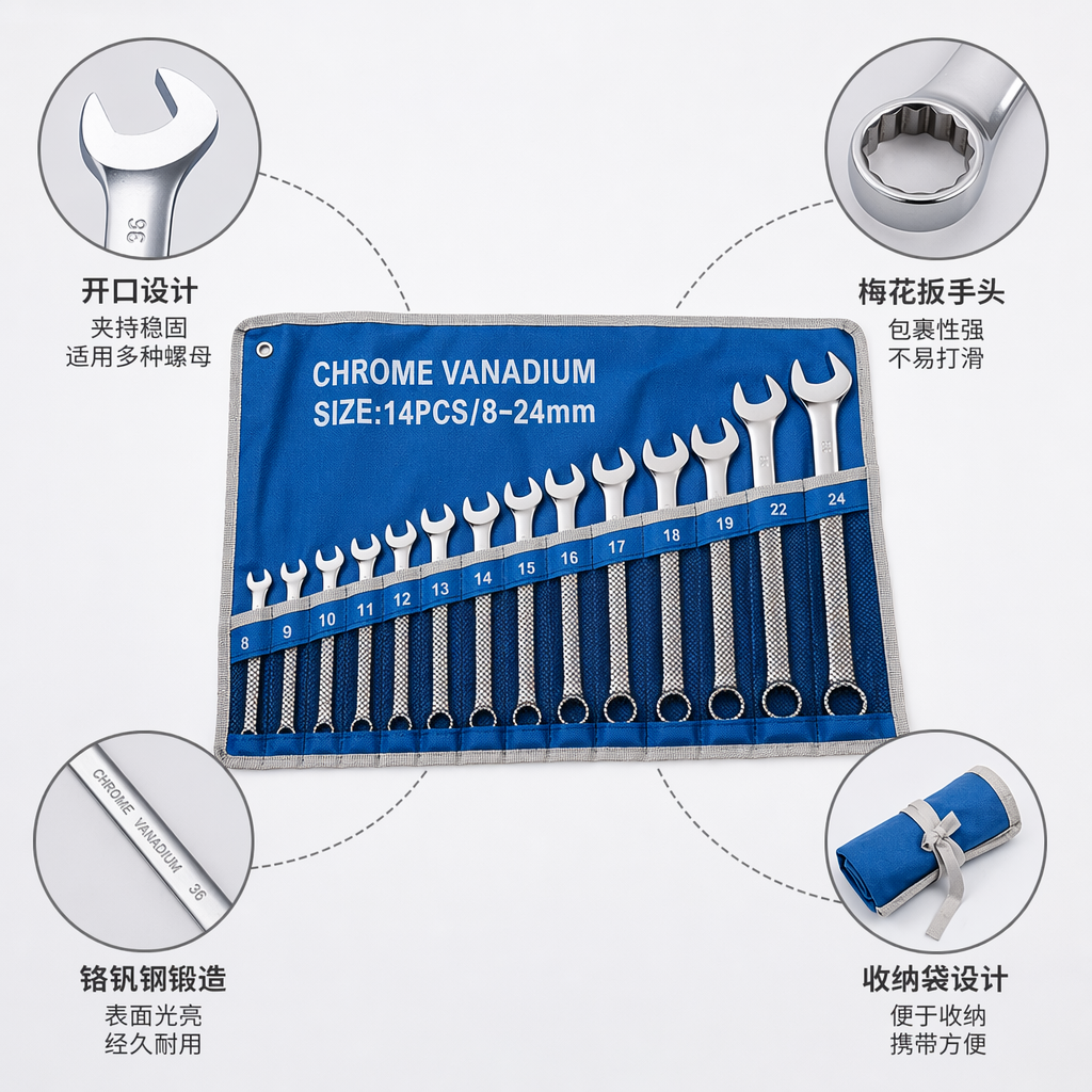 The blue tool roll set includes a portable multi-functional wrench for storage and maintenance