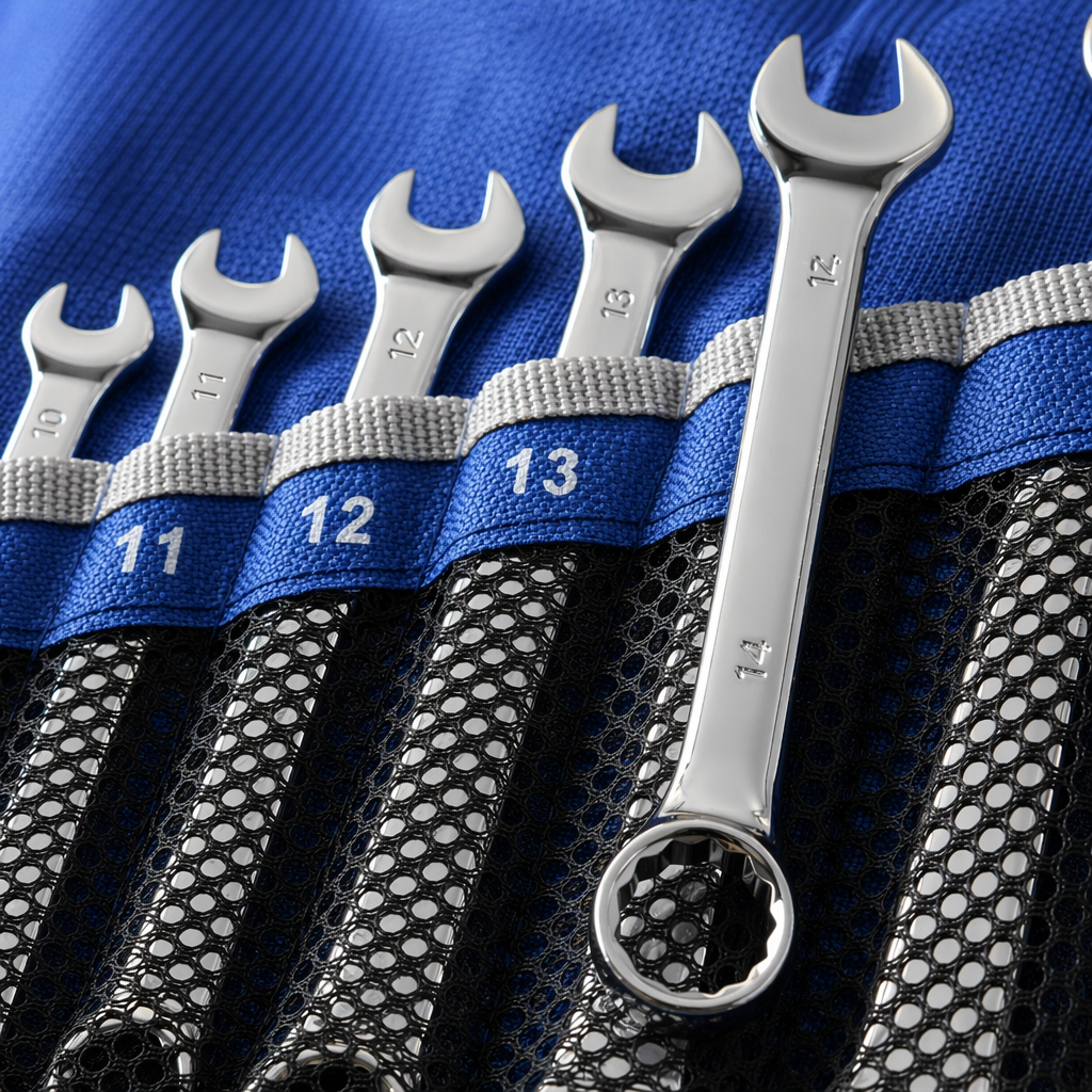 The blue tool roll set includes a portable multi-functional wrench for storage and maintenance Specification image