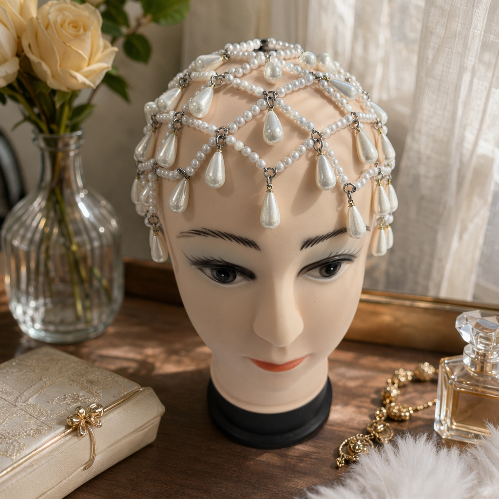White pearl headpiece figurine head decoration accessory, realistic and exquisite hair accessory details Picture
