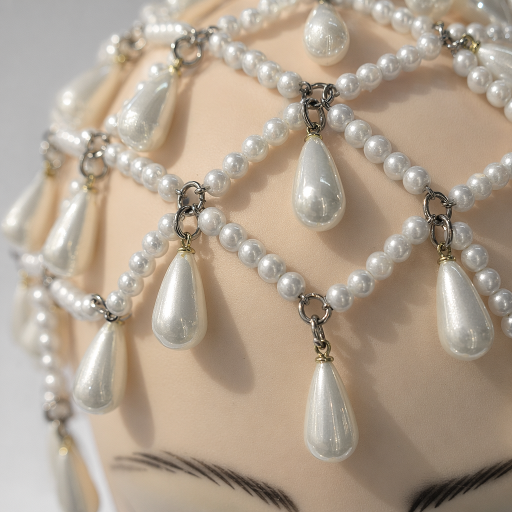 White pearl headpiece figurine head decoration accessory, realistic and exquisite hair accessory Application Scenario