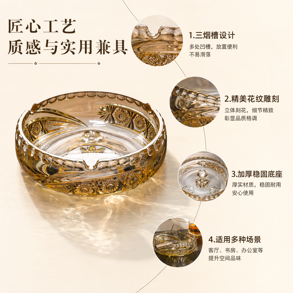 金色雕花玻璃烟灰缸家用客厅桌面防溢耐热复古风