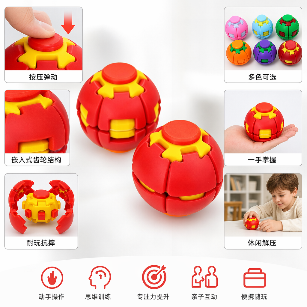 红色黄色拼接球形玩具益智儿童早教互动玩偶图
